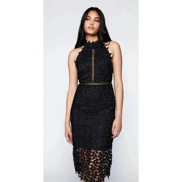 NWT! Bardot Sequin Leaf Lace Dress In Black Sz 2 - Picture 3 of 9